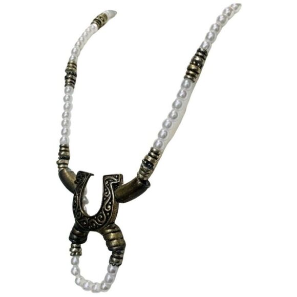 Vintage White Faux Pearl Horse Shoe Brass Long Naja Southwestern Bead Necklace - Picture 3 of 10